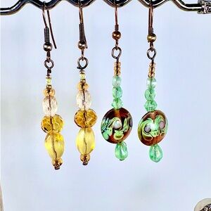 Earrings Pierced Handcrafted Unique Brown/Green Glass Beads & Yellows FacetBeads